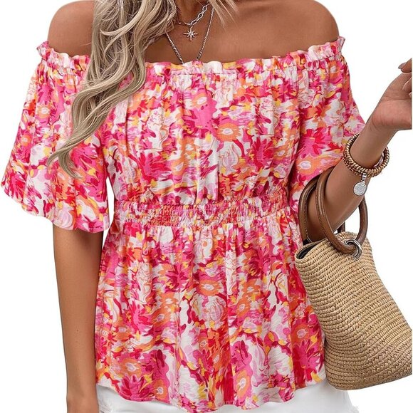 Women's Summer Off The Shoulder Short Sleeve Chiffon Blouse Ruffle Hem Tops - Picture 1 of 6